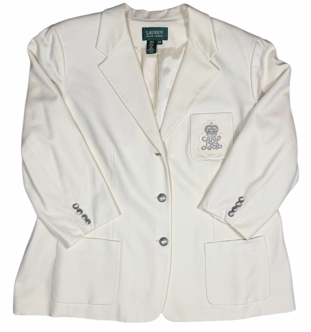 Lauren Ralph Lauren Womens 20W Ivory Wool Blazer Bullion Crest Silver Buttons